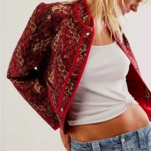 Free People Jackets & Blazers - Free People Zoey Red Quilted Paisley Jacket Size M NWOT